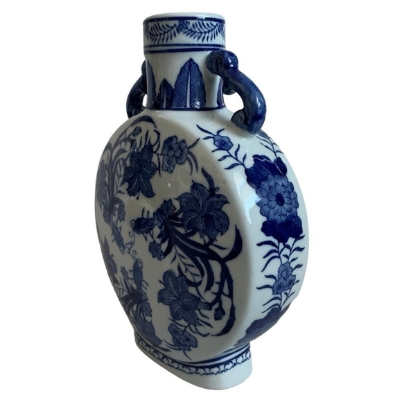 Rare Vintage Blue & White Floral Profile China Vase Two Handled Porcelain Vase - Picture 3 of 5